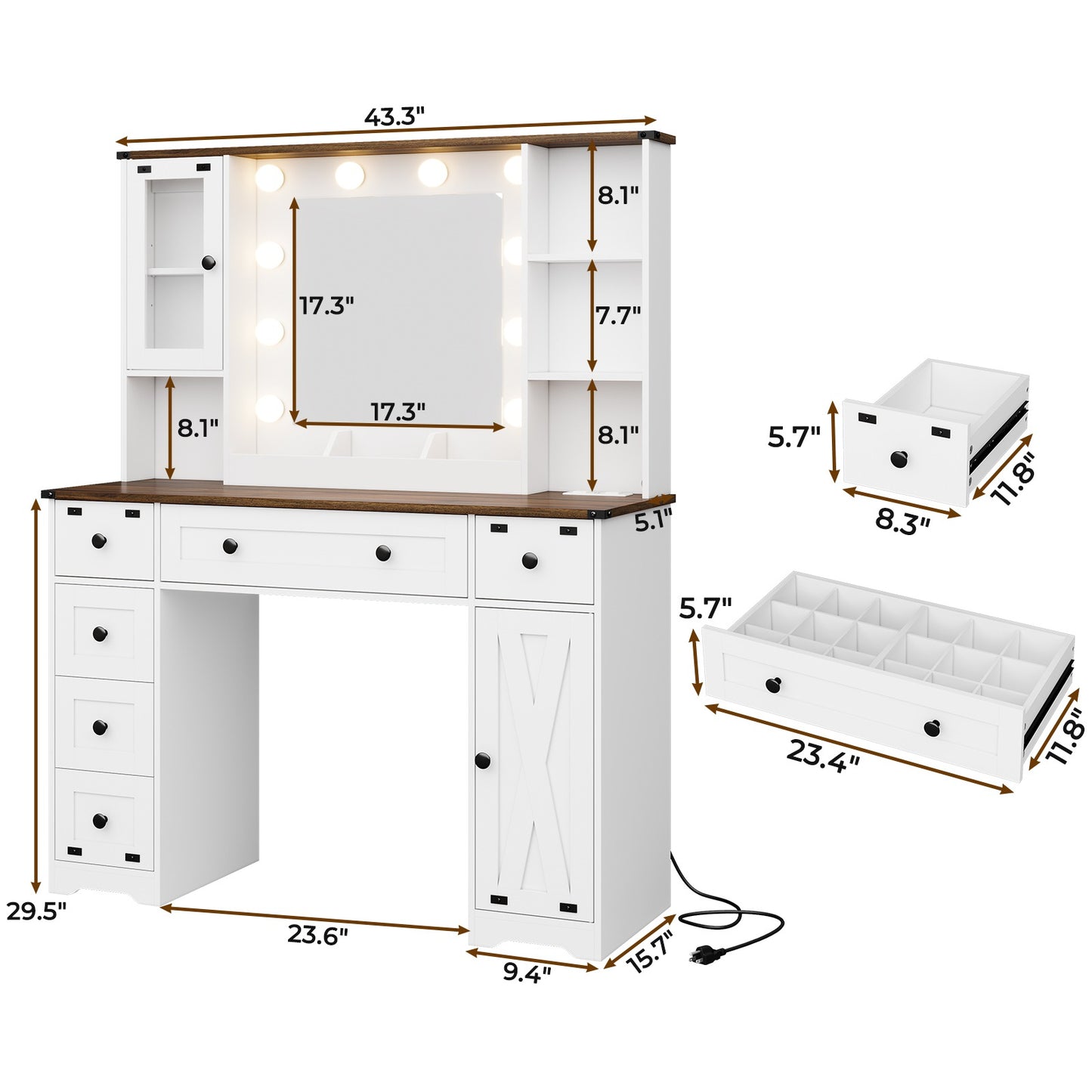 Hasuit | 43.3 Inch Farmhouse Makeup Vanity Desk with Mirror and Lights Bedroom Dressing Table with Charging Station and Drawers