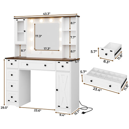 Hasuit | 43.3 Inch Farmhouse Makeup Vanity Desk with Mirror and Lights Bedroom Dressing Table with Charging Station and Drawers