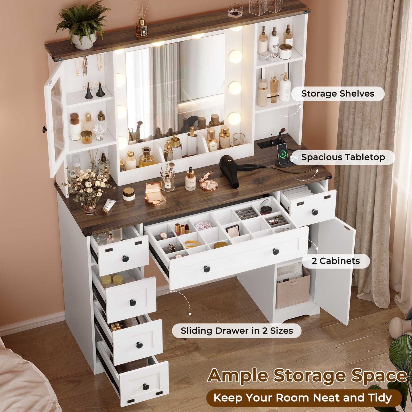 Hasuit | 43.3 Inch Farmhouse Makeup Vanity Desk with Mirror and Lights Bedroom Dressing Table with Charging Station and Drawers