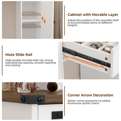 Hasuit | 43.3 Inch Farmhouse Makeup Vanity Desk with Mirror and Lights Bedroom Dressing Table with Charging Station and Drawers