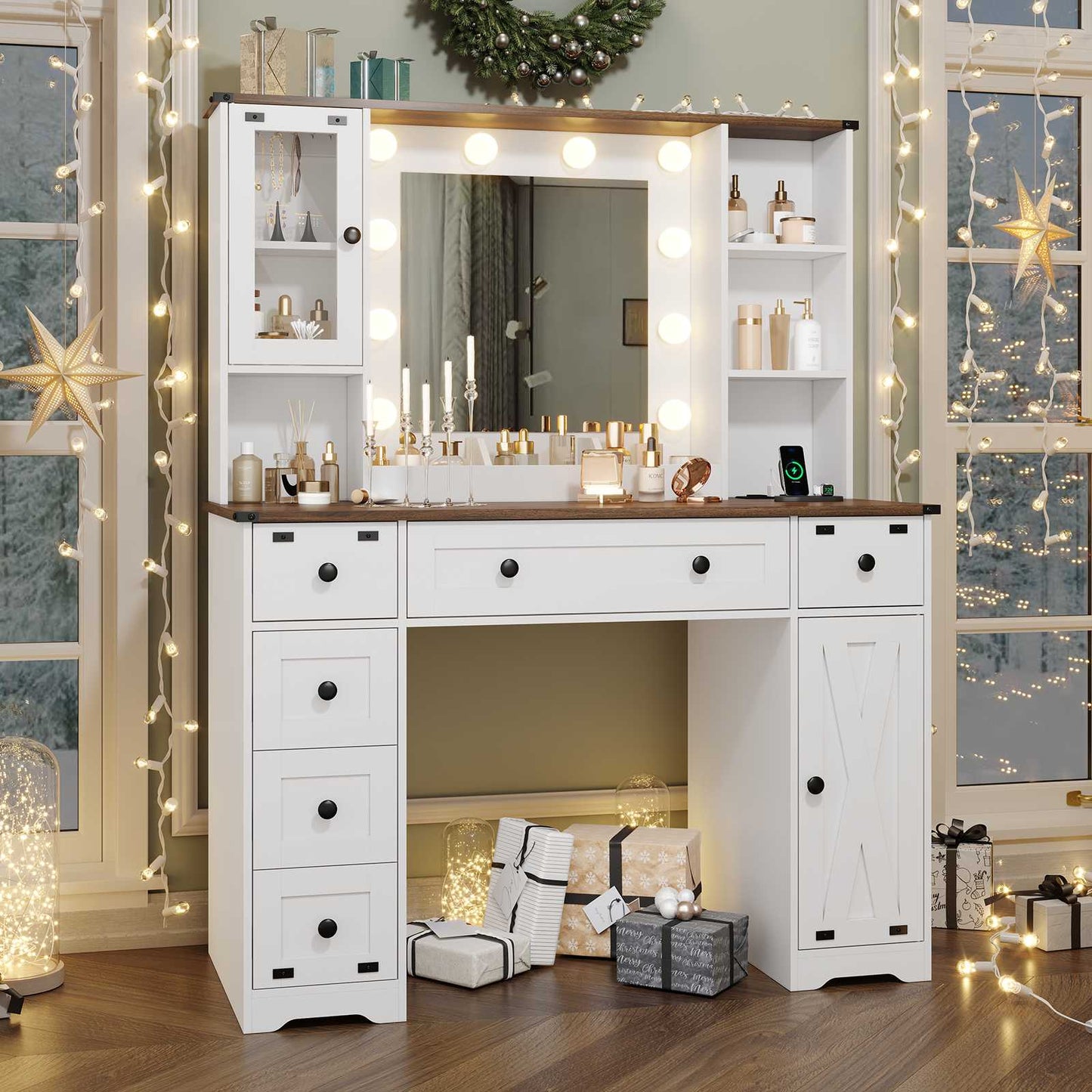 Hasuit | 43.3 Inch Farmhouse Makeup Vanity Desk with Mirror and Lights Bedroom Dressing Table with Charging Station and Drawers
