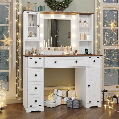 Hasuit | 43.3 Inch Farmhouse Makeup Vanity Desk with Mirror and Lights Bedroom Dressing Table with Charging Station and Drawers