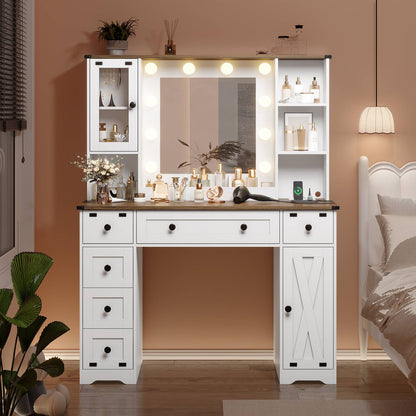 Hasuit | 43.3 Inch Farmhouse Makeup Vanity Desk with Mirror and Lights Bedroom Dressing Table with Charging Station and Drawers