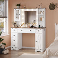 Hasuit | 43.3 Inch Farmhouse Makeup Vanity Desk with Mirror and Lights Bedroom Dressing Table with Charging Station and Drawers