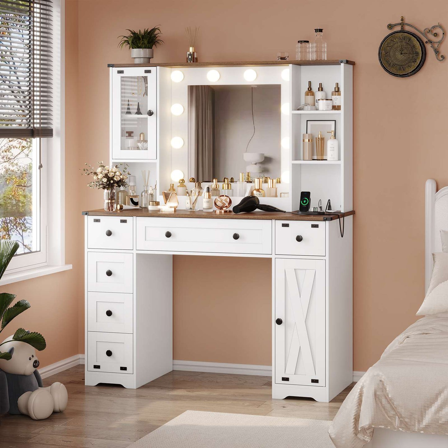 Hasuit | 43.3 Inch Farmhouse Makeup Vanity Desk with Mirror and Lights Bedroom Dressing Table with Charging Station and Drawers