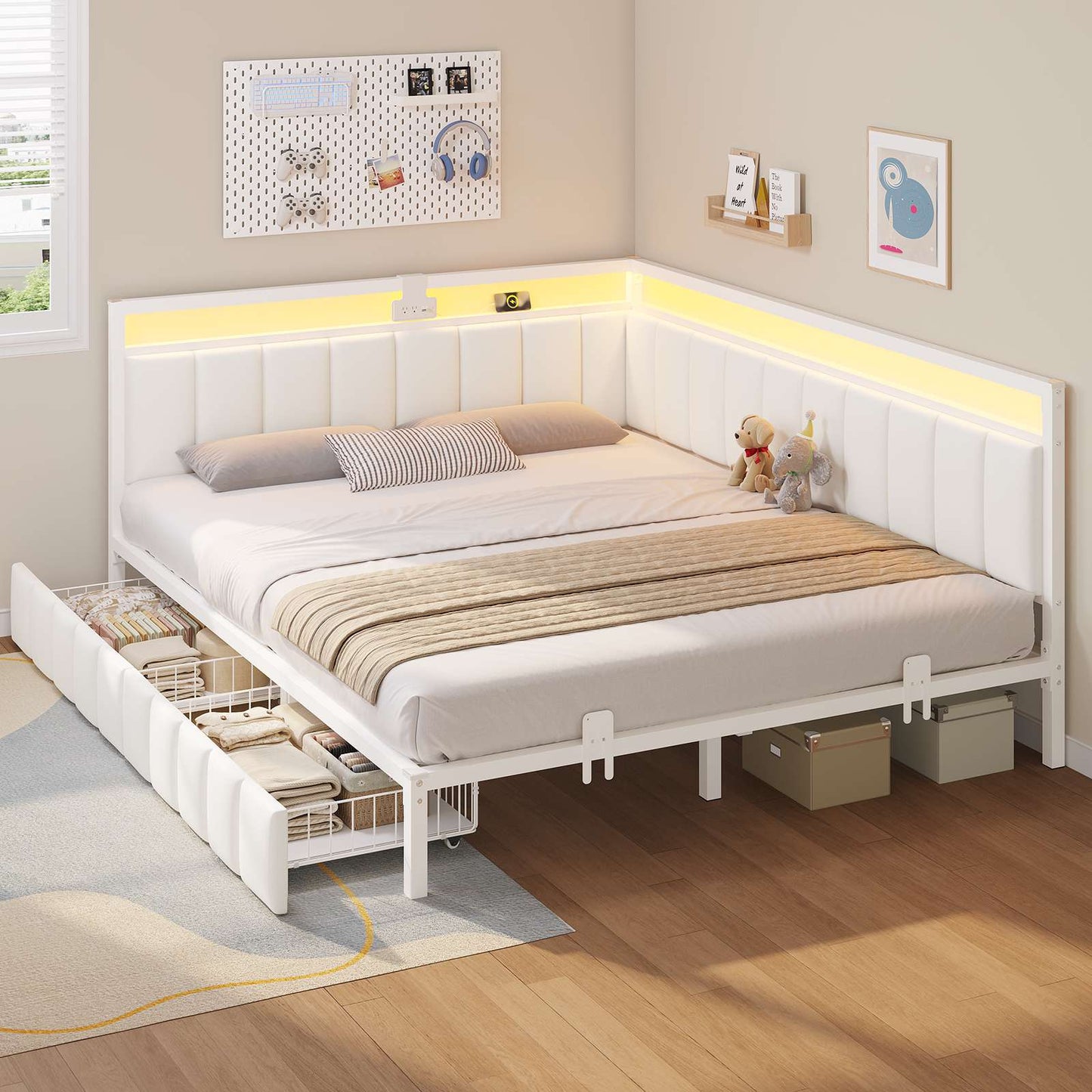 Hasuit | Corner Bed Frame with Storage Drawers Full Daybed with Line Fabric Upholstered Fence Kids Bed Unit with LED Light and Charging Station White