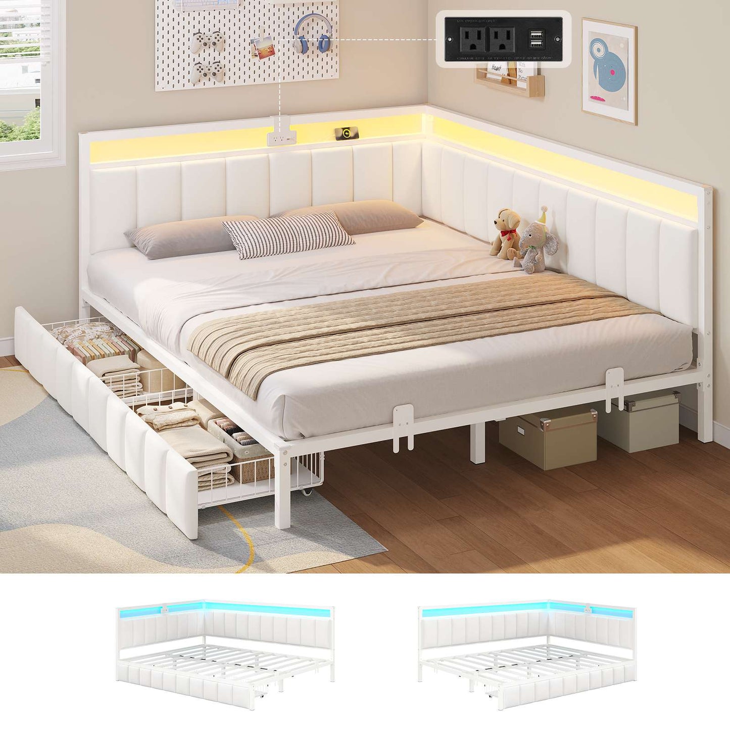 Hasuit | Corner Bed Frame with Storage Drawers Full Daybed with Line Fabric Upholstered Fence Kids Bed Unit with LED Light and Charging Station White