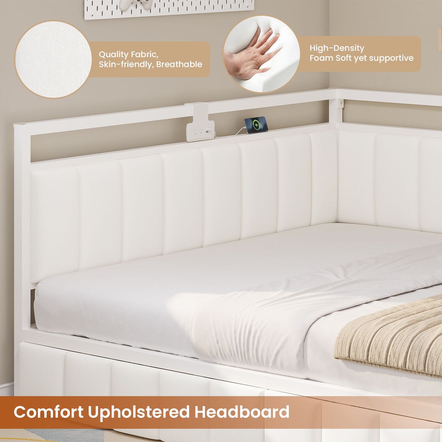 Hasuit | Corner Bed Frame with Storage Drawers Full Daybed with Line Fabric Upholstered Fence Kids Bed Unit with LED Light and Charging Station White