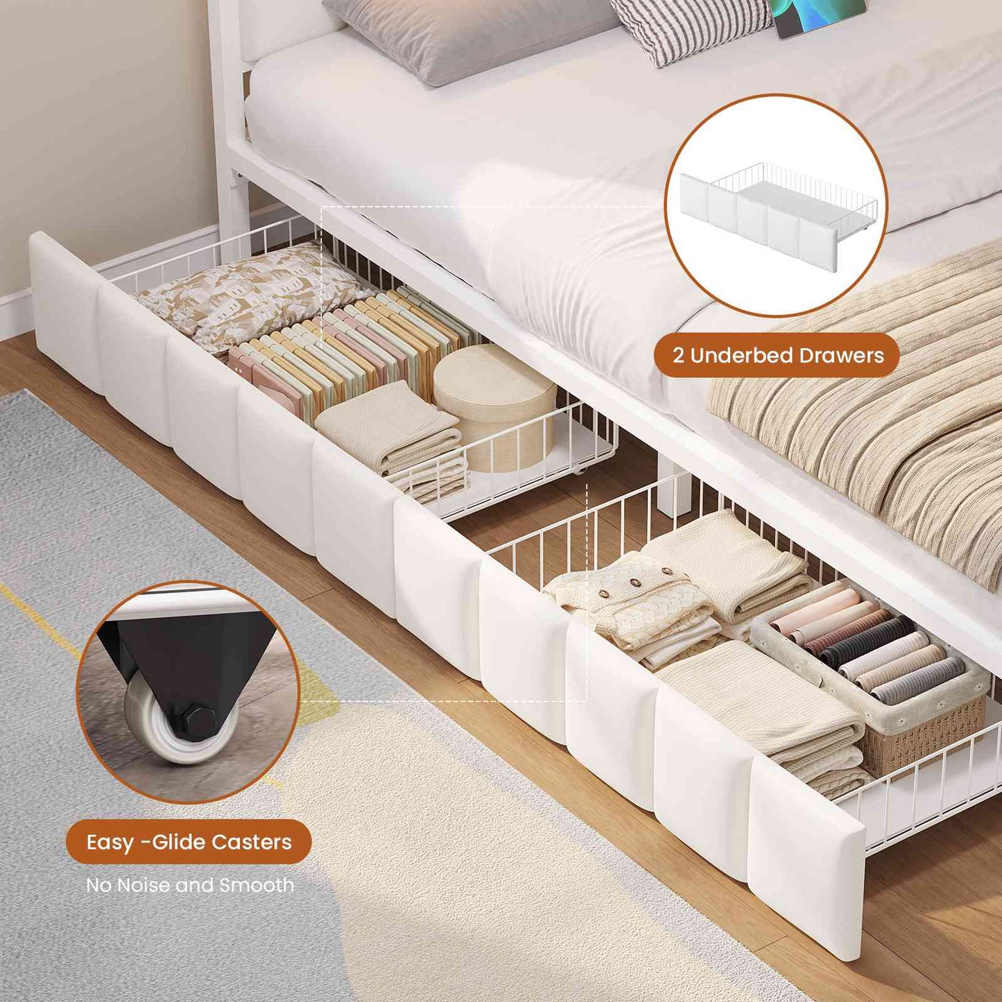 Hasuit | Corner Bed Frame with Storage Drawers Full Daybed with Line Fabric Upholstered Fence Kids Bed Unit with LED Light and Charging Station White