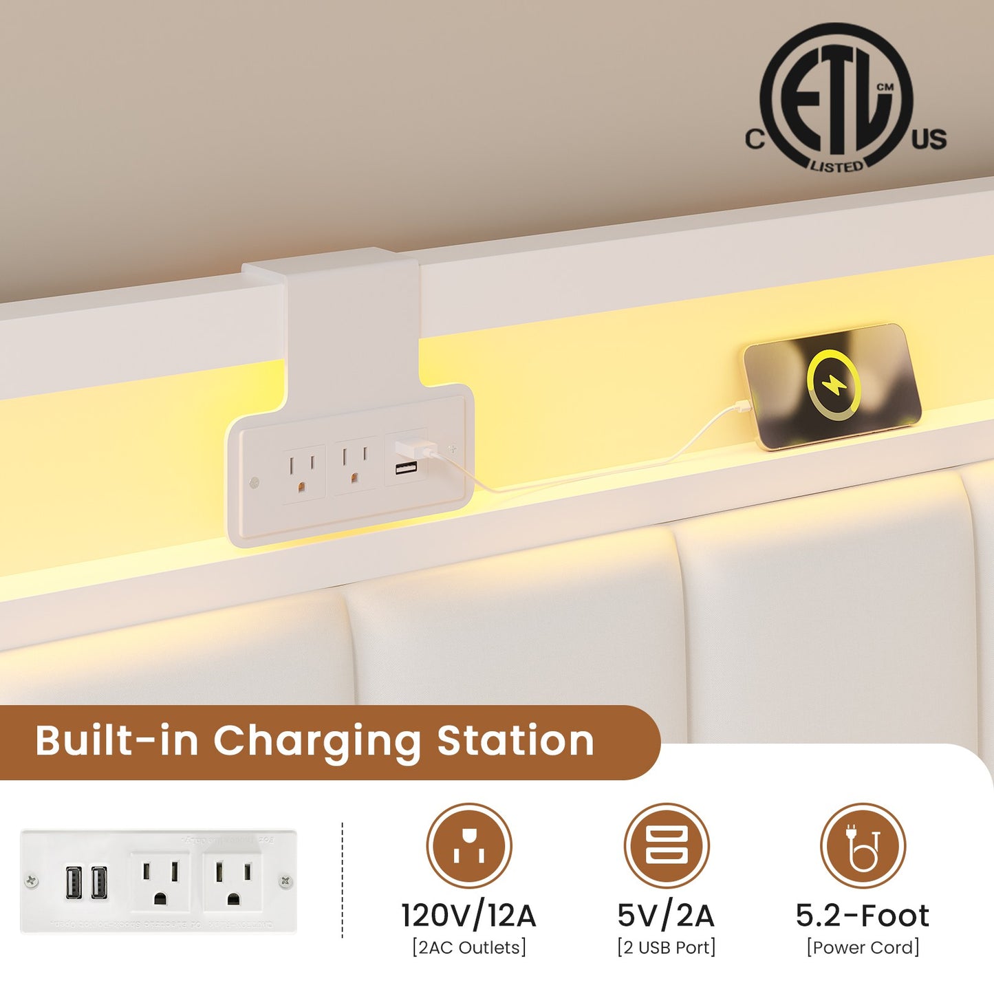 Hasuit | Corner Bed Frame with Storage Drawers Full Daybed with Line Fabric Upholstered Fence Kids Bed Unit with LED Light and Charging Station White