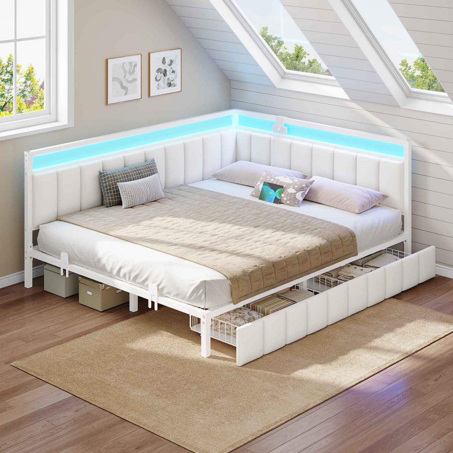 Hasuit | Corner Bed Frame with Storage Drawers Full Daybed with Line Fabric Upholstered Fence Kids Bed Unit with LED Light and Charging Station White