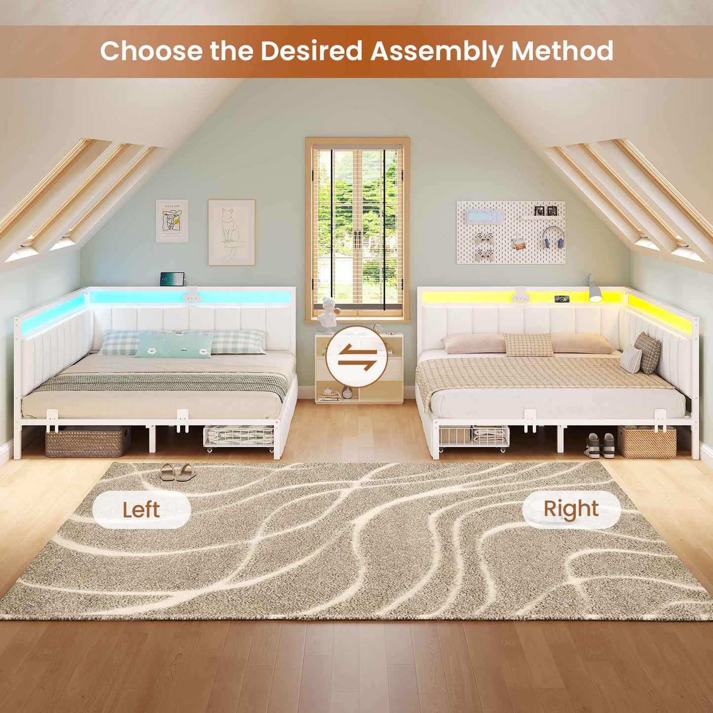 Hasuit | Corner Bed Frame with Storage Drawers Full Daybed with Line Fabric Upholstered Fence Kids Bed Unit with LED Light and Charging Station White