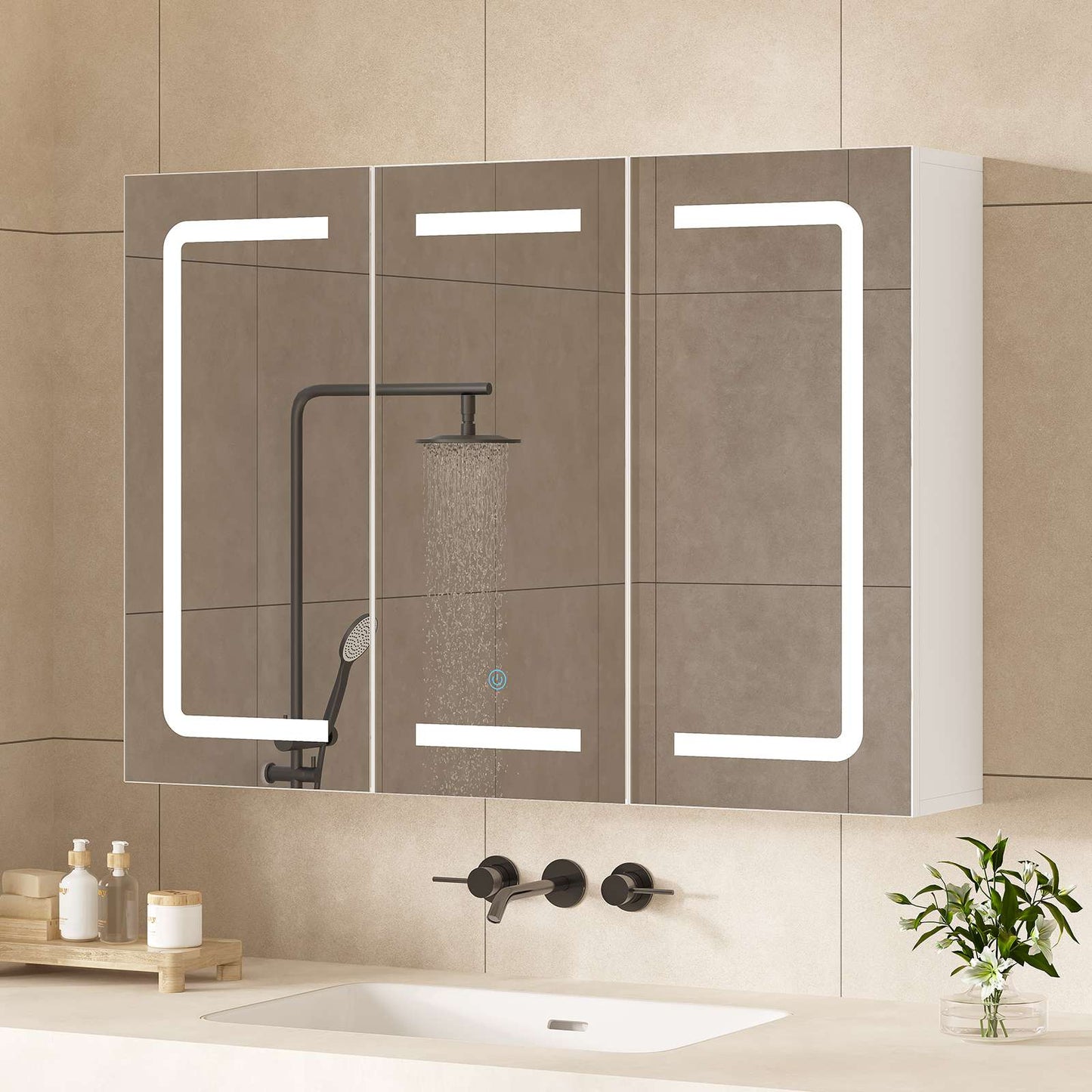 Hasuit | Medicine Cabinet Organizer with Mirror 3 Doors Lighted Bathroom Wall Cabinet with Storage Adjustable Shelves & Outlets 31.5'' x 23.6''