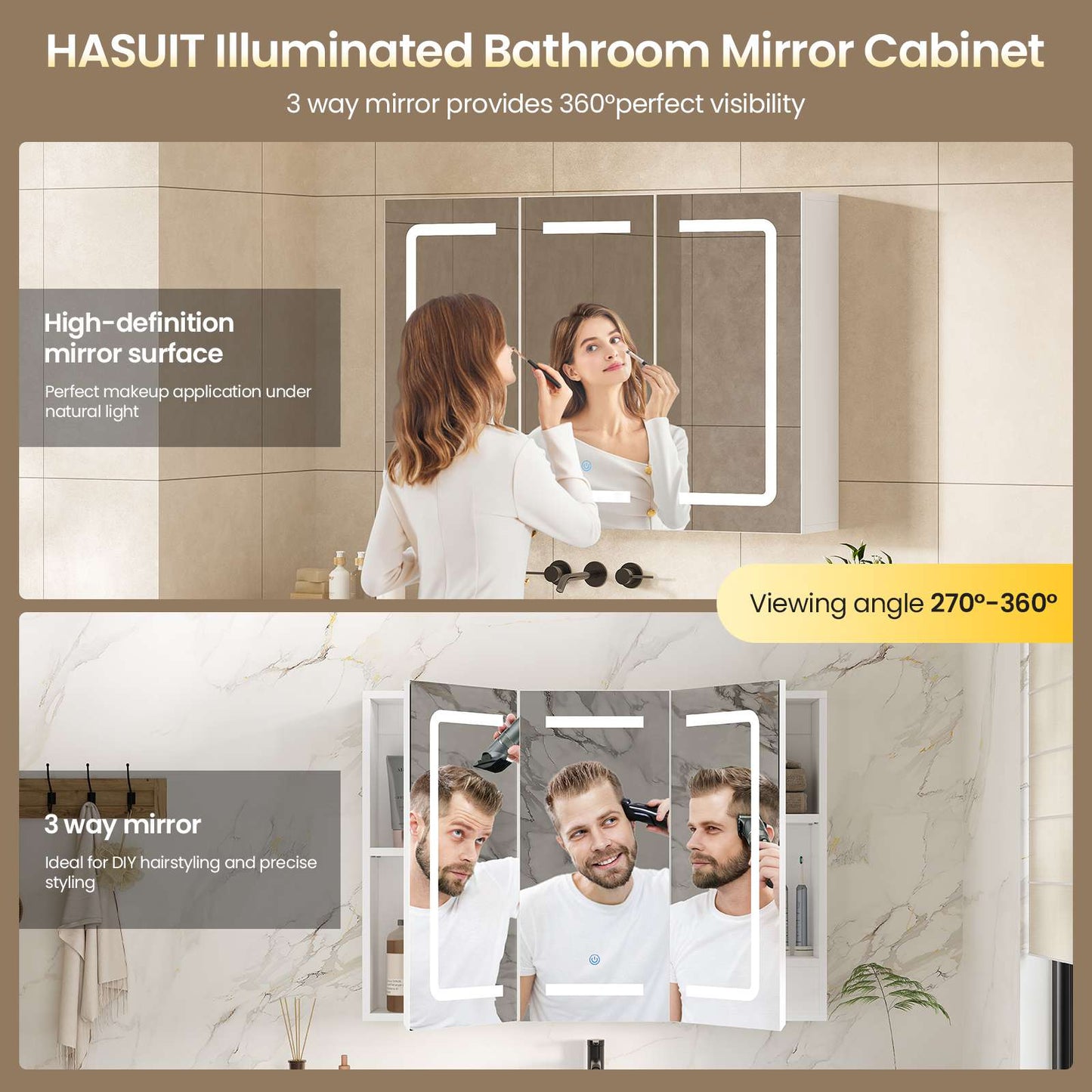 Hasuit | Medicine Cabinet Organizer with Mirror 3 Doors Lighted Bathroom Wall Cabinet with Storage Adjustable Shelves & Outlets 31.5'' x 23.6''