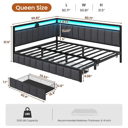 Hasuit | Corner Bed Frame with Storage Drawers Daybed with Line Fabric Upholstered Fence Kids Bed with LED Light and Charging Station Gray