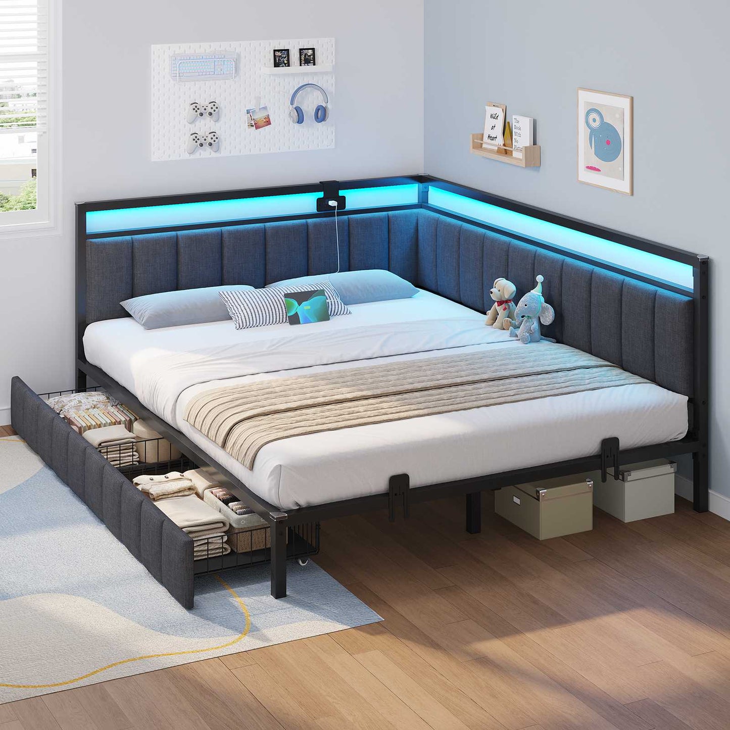 Hasuit | Corner Bed Frame with Storage Drawers Daybed with Line Fabric Upholstered Fence Kids Bed with LED Light and Charging Station Gray