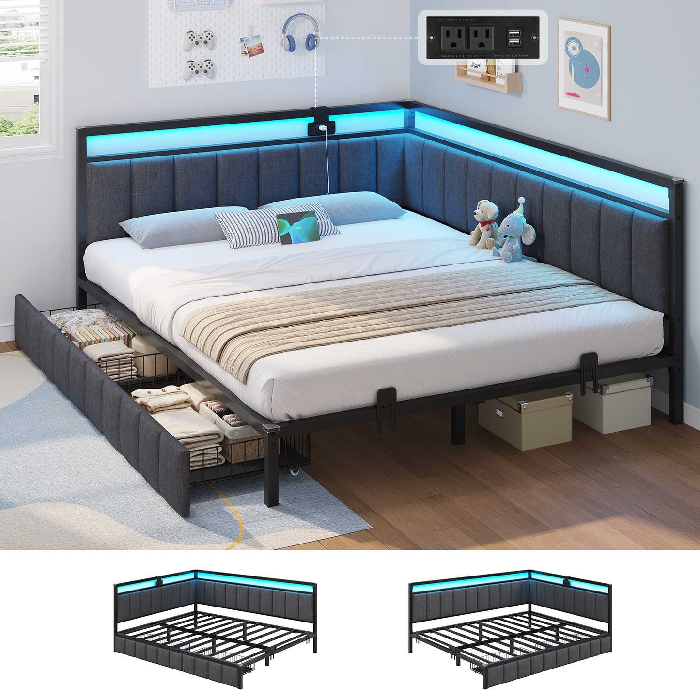 Hasuit | Corner Bed Frame with Storage Drawers Daybed with Line Fabric Upholstered Fence Kids Bed with LED Light and Charging Station Gray