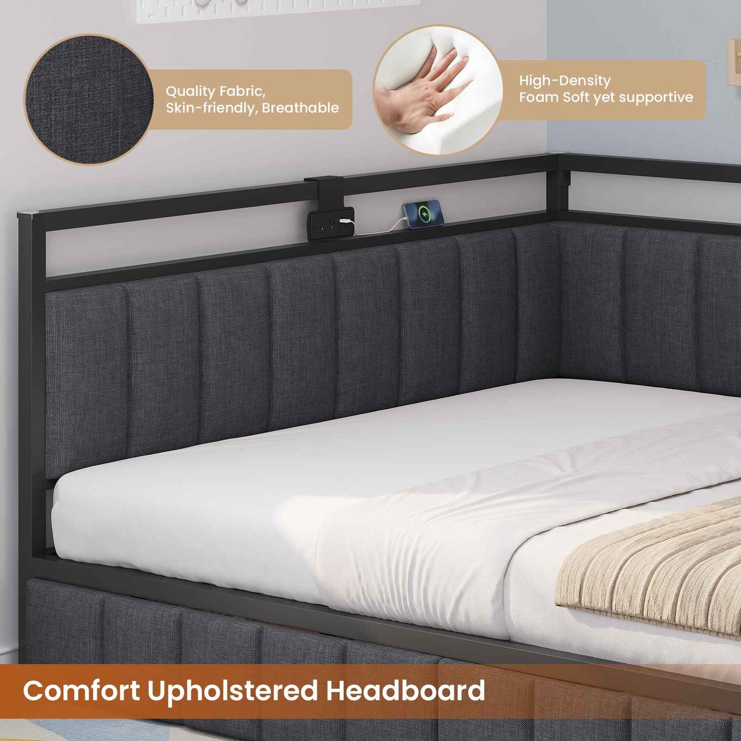 Hasuit | Corner Bed Frame with Storage Drawers Daybed with Line Fabric Upholstered Fence Kids Bed with LED Light and Charging Station Gray