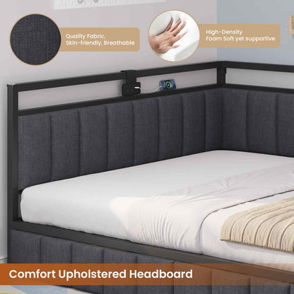 Hasuit | Corner Bed Frame with Storage Drawers Daybed with Line Fabric Upholstered Fence Kids Bed with LED Light and Charging Station Gray