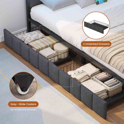 Hasuit | Corner Bed Frame with Storage Drawers Daybed with Line Fabric Upholstered Fence Kids Bed with LED Light and Charging Station Gray