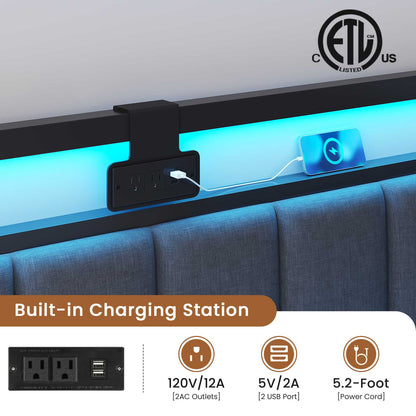 Hasuit | Corner Bed Frame with Storage Drawers Daybed with Line Fabric Upholstered Fence Kids Bed with LED Light and Charging Station Gray