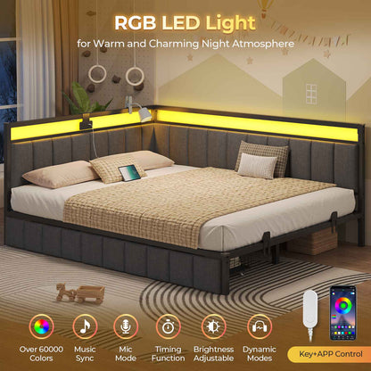 Hasuit | Corner Bed Frame with Storage Drawers Daybed with Line Fabric Upholstered Fence Kids Bed with LED Light and Charging Station Gray