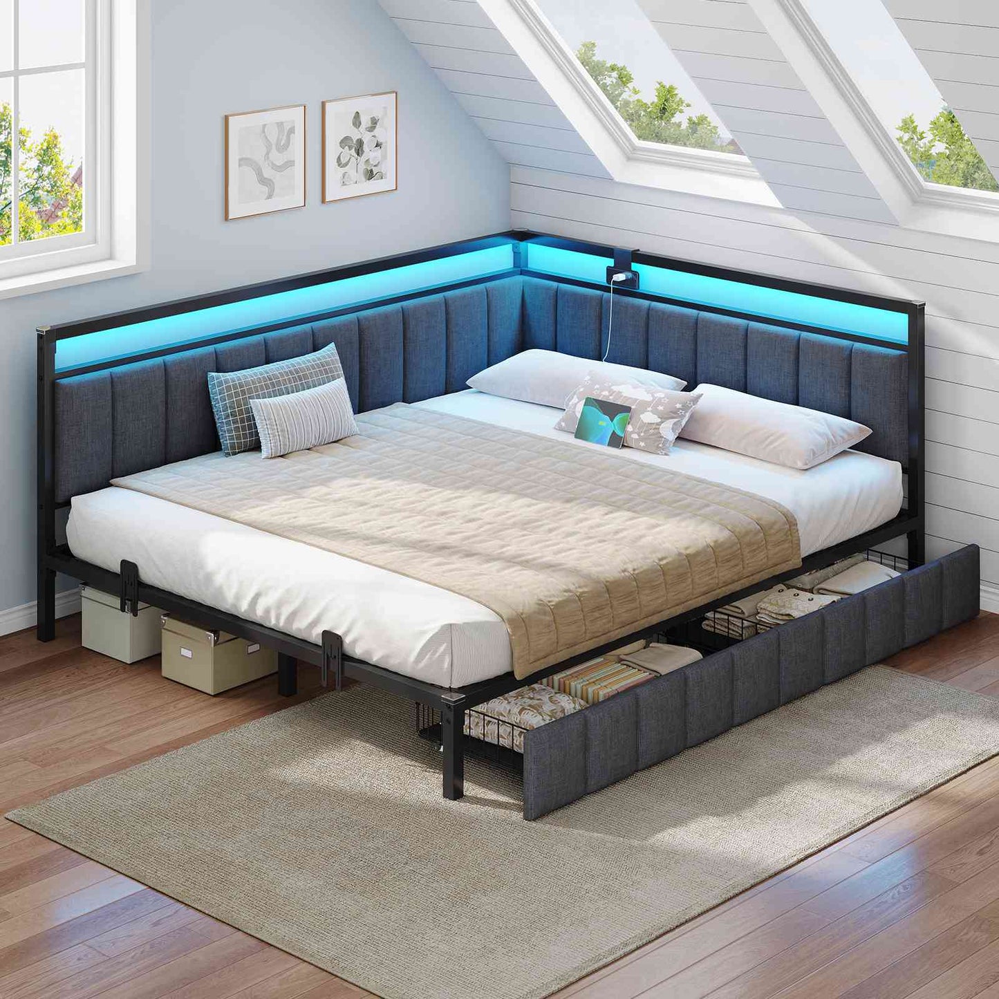 Hasuit | Corner Bed Frame with Storage Drawers Daybed with Line Fabric Upholstered Fence Kids Bed with LED Light and Charging Station Gray