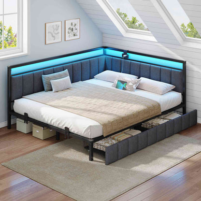 Hasuit | Corner Bed Frame with Storage Drawers Daybed with Line Fabric Upholstered Fence Kids Bed with LED Light and Charging Station Gray