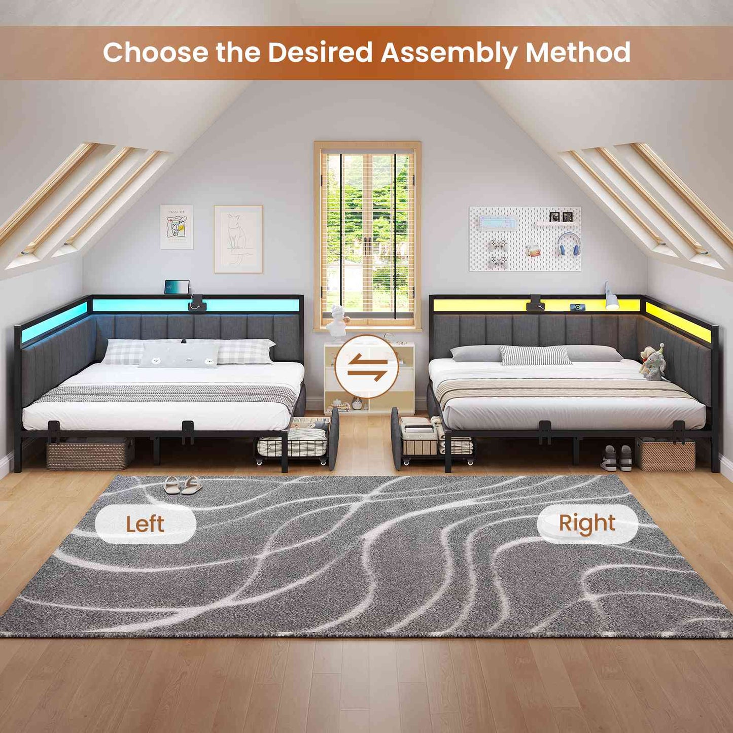 Hasuit | Corner Bed Frame with Storage Drawers Daybed with Line Fabric Upholstered Fence Kids Bed with LED Light and Charging Station Gray