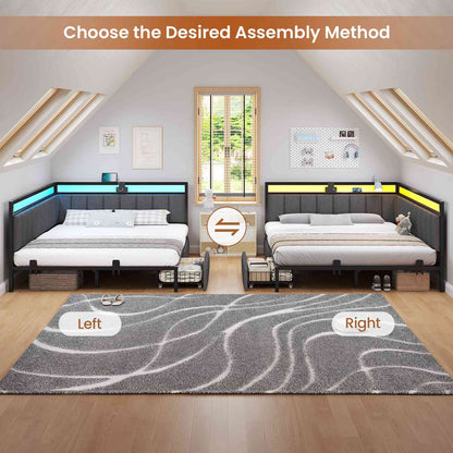 Hasuit | Corner Bed Frame with Storage Drawers Daybed with Line Fabric Upholstered Fence Kids Bed with LED Light and Charging Station Gray