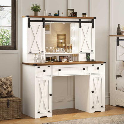 Hasuit | 43.3 Inch Farmhouse Vanity Desk with Mirror and Lights Rustic Makeup Dressing Table with Charging Station and Sliding Barn Door