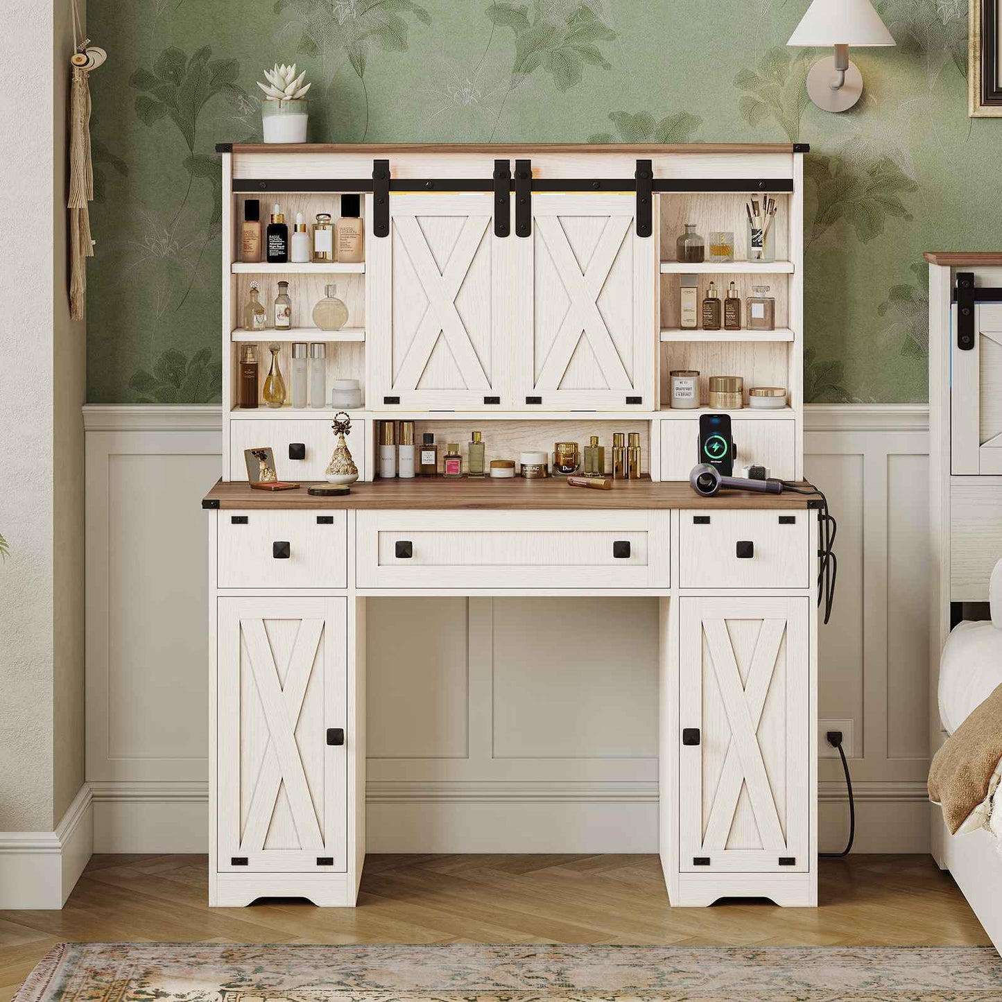 Hasuit | 43.3 Inch Farmhouse Vanity Desk with Mirror and Lights Rustic Makeup Dressing Table with Charging Station and Sliding Barn Door