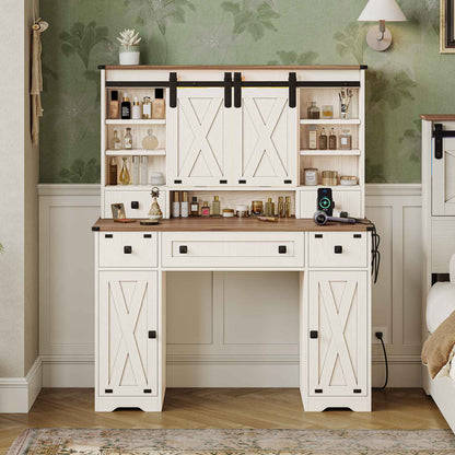 Hasuit | 43.3 Inch Farmhouse Vanity Desk with Mirror and Lights Rustic Makeup Dressing Table with Charging Station and Sliding Barn Door