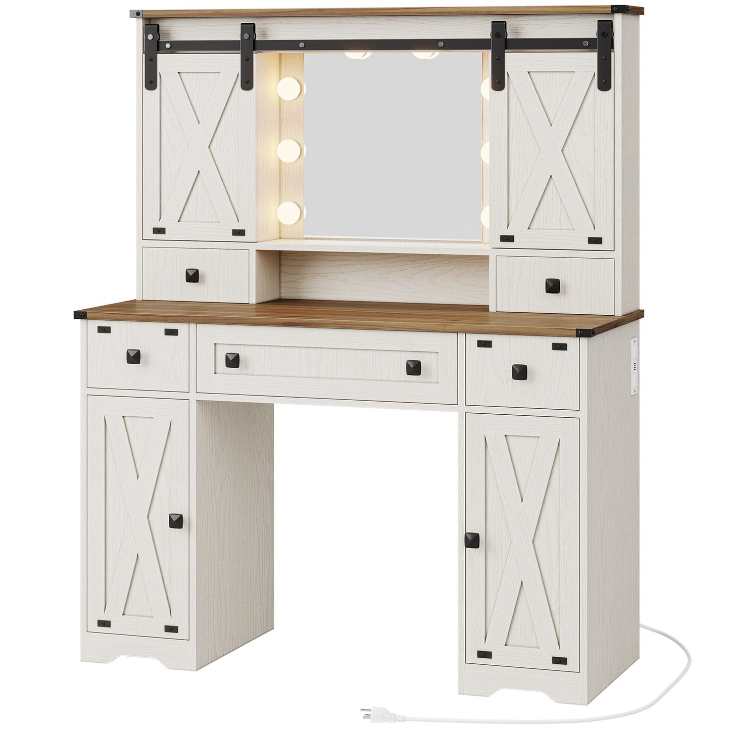 Hasuit | 43.3 Inch Farmhouse Vanity Desk with Mirror and Lights Rustic Makeup Dressing Table with Charging Station and Sliding Barn Door