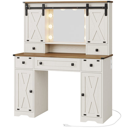 Hasuit | 43.3 Inch Farmhouse Vanity Desk with Mirror and Lights Rustic Makeup Dressing Table with Charging Station and Sliding Barn Door