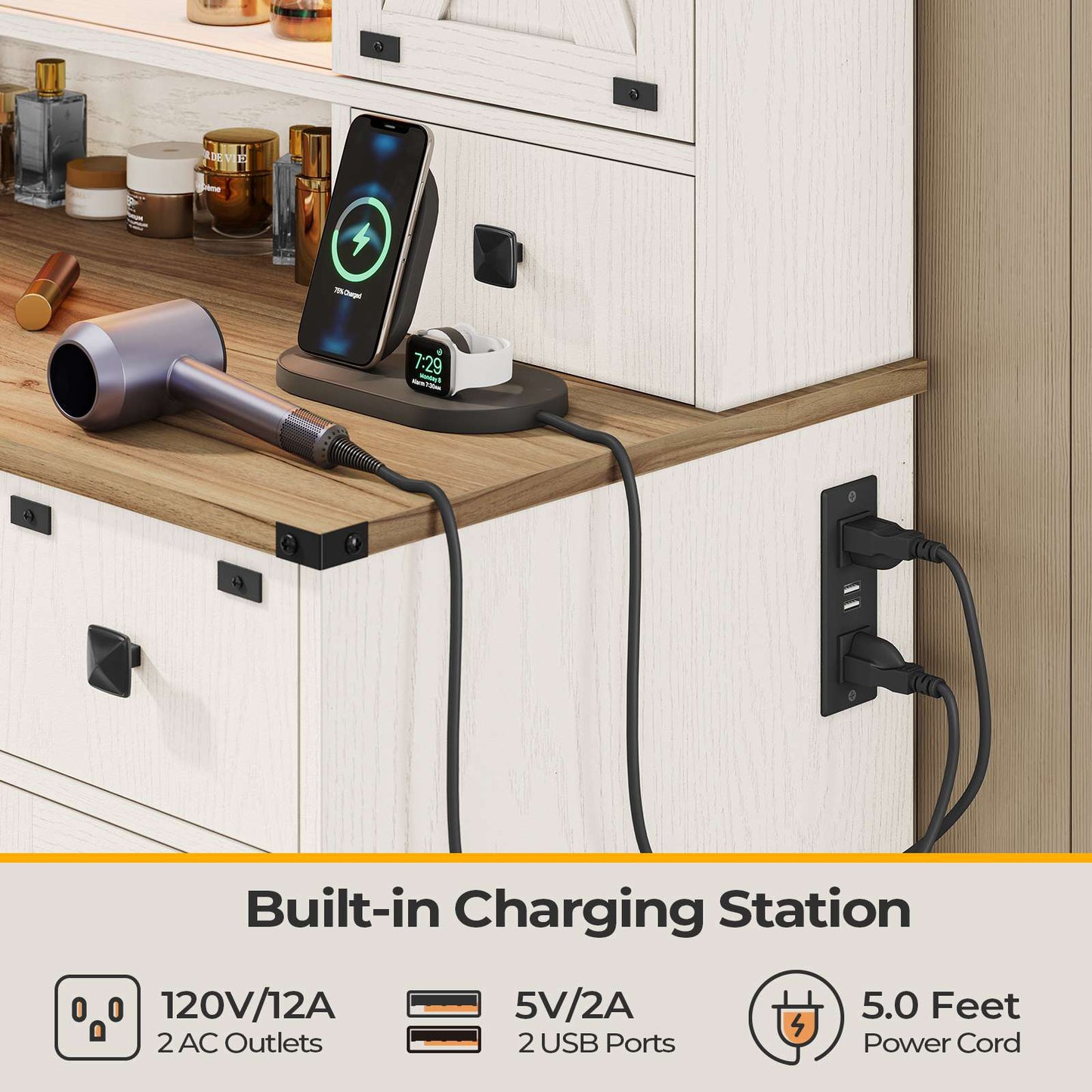 Hasuit | 43.3 Inch Farmhouse Vanity Desk with Mirror and Lights Rustic Makeup Dressing Table with Charging Station and Sliding Barn Door