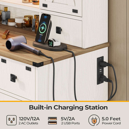 Hasuit | 43.3 Inch Farmhouse Vanity Desk with Mirror and Lights Rustic Makeup Dressing Table with Charging Station and Sliding Barn Door