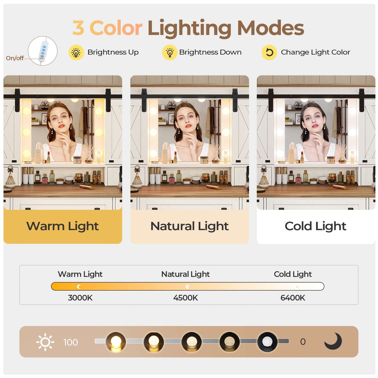 Hasuit | 43.3 Inch Farmhouse Vanity Desk with Mirror and Lights Rustic Makeup Dressing Table with Charging Station and Sliding Barn Door