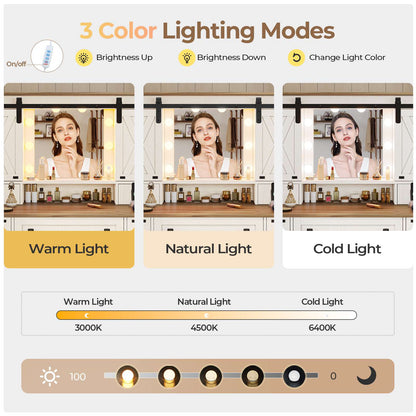 Hasuit | 43.3 Inch Farmhouse Vanity Desk with Mirror and Lights Rustic Makeup Dressing Table with Charging Station and Sliding Barn Door