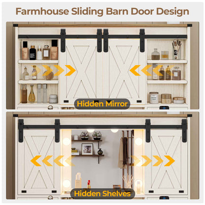 Hasuit | 43.3 Inch Farmhouse Vanity Desk with Mirror and Lights Rustic Makeup Dressing Table with Charging Station and Sliding Barn Door