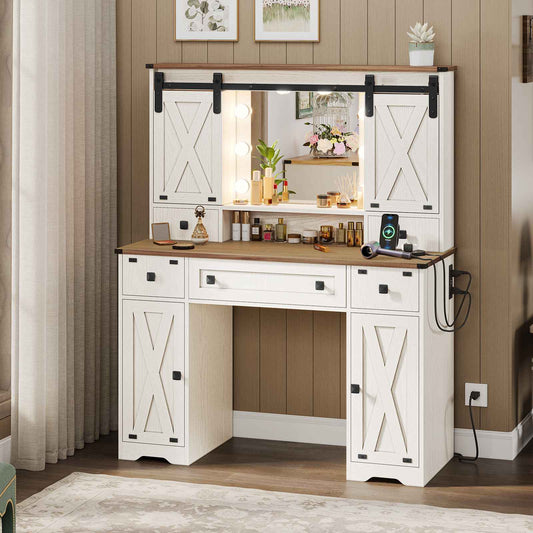Hasuit | 43.3 Inch Farmhouse Vanity Desk with Mirror and Lights Rustic Makeup Dressing Table with Charging Station and Sliding Barn Door