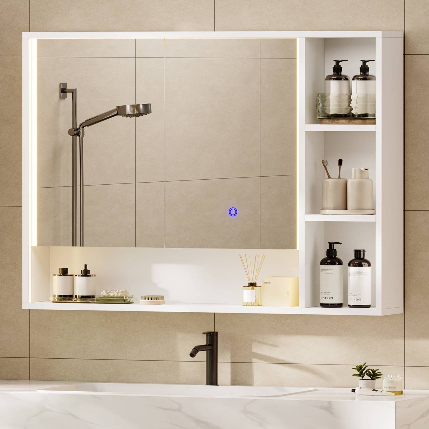Hasuit | Lighted Medicine Cabinet with Mirror and Open Storage Modern Bathroom Cabinet with Adjustable Shelves