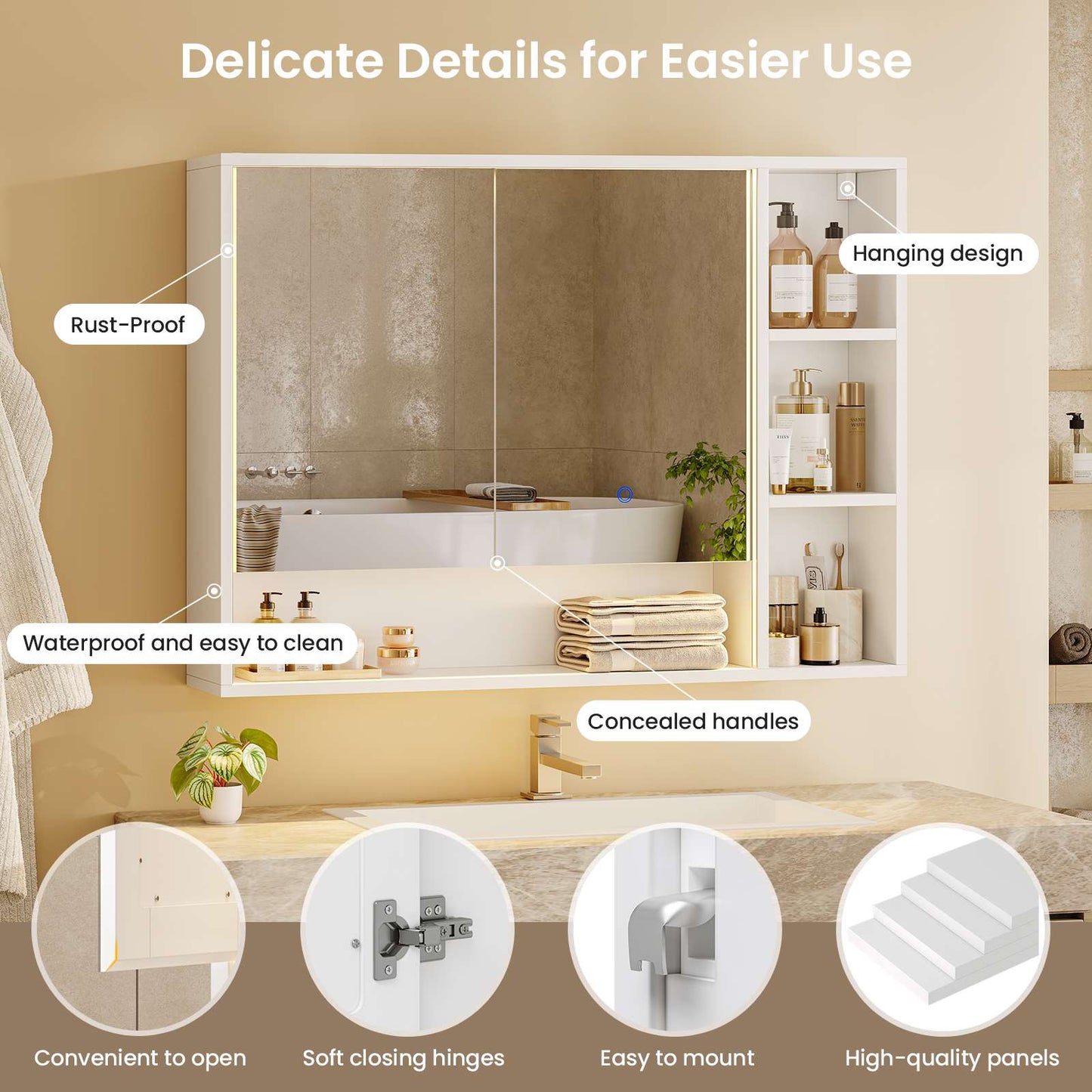 Hasuit | Lighted Medicine Cabinet with Mirror and Open Storage Modern Bathroom Cabinet with Adjustable Shelves