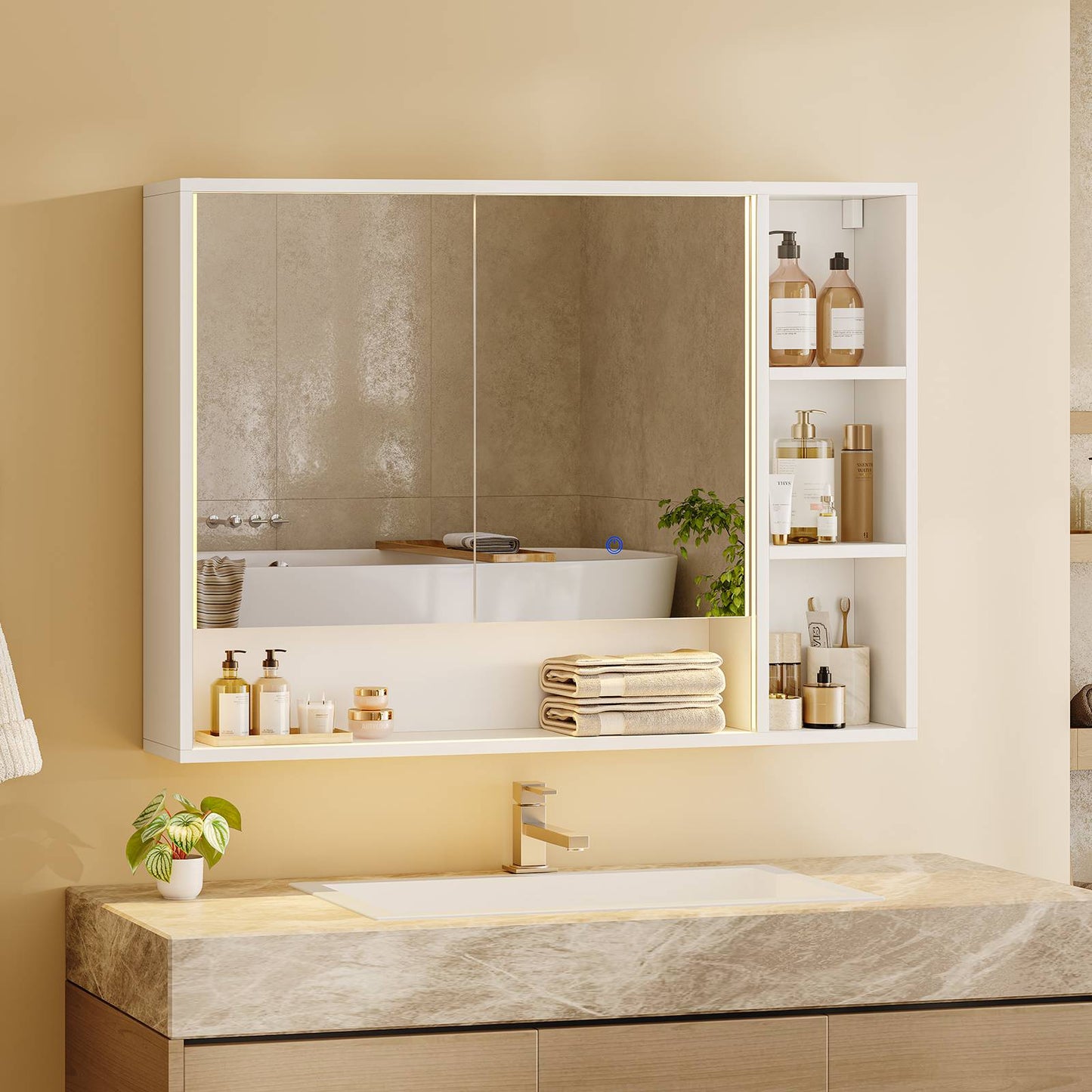 Hasuit | Lighted Medicine Cabinet with Mirror and Open Storage Modern Bathroom Cabinet with Adjustable Shelves