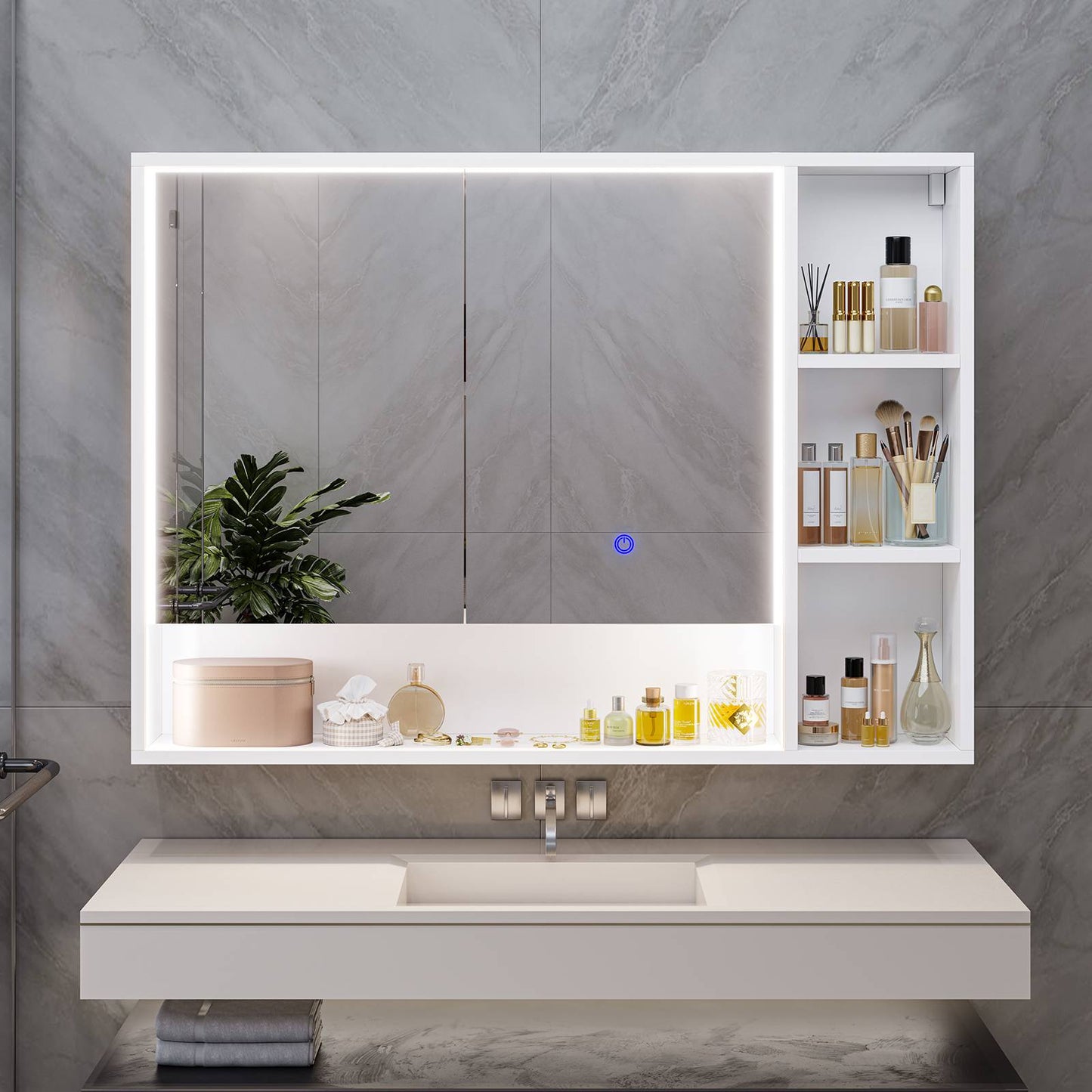 Hasuit | Lighted Medicine Cabinet with Mirror and Open Storage Modern Bathroom Cabinet with Adjustable Shelves