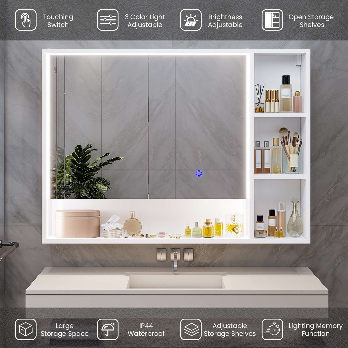 Hasuit | Lighted Medicine Cabinet with Mirror and Open Storage Modern Bathroom Cabinet with Adjustable Shelves