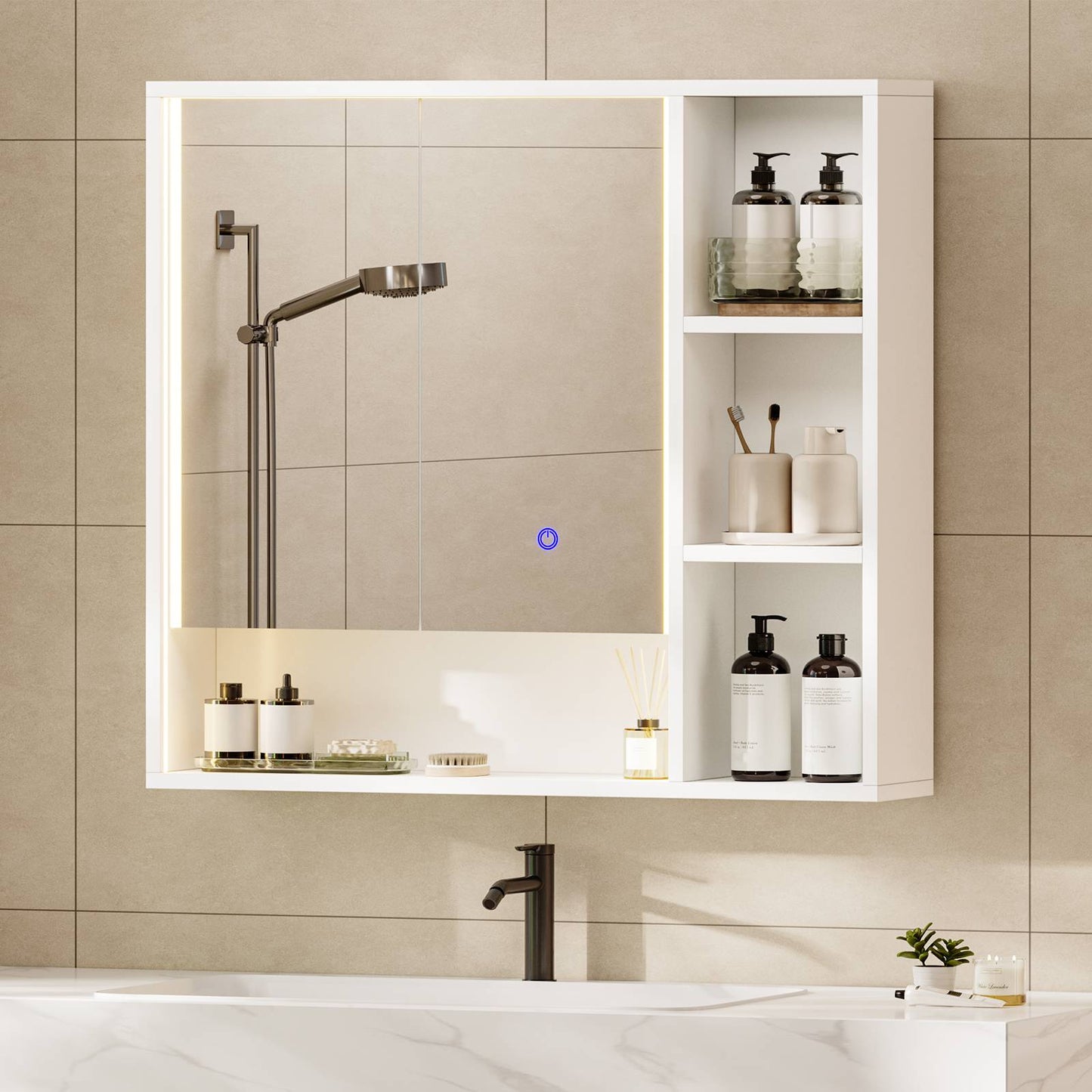 Hasuit | Lighted Medicine Cabinet with Mirror and Open Storage Modern Bathroom Cabinet with Adjustable Shelves