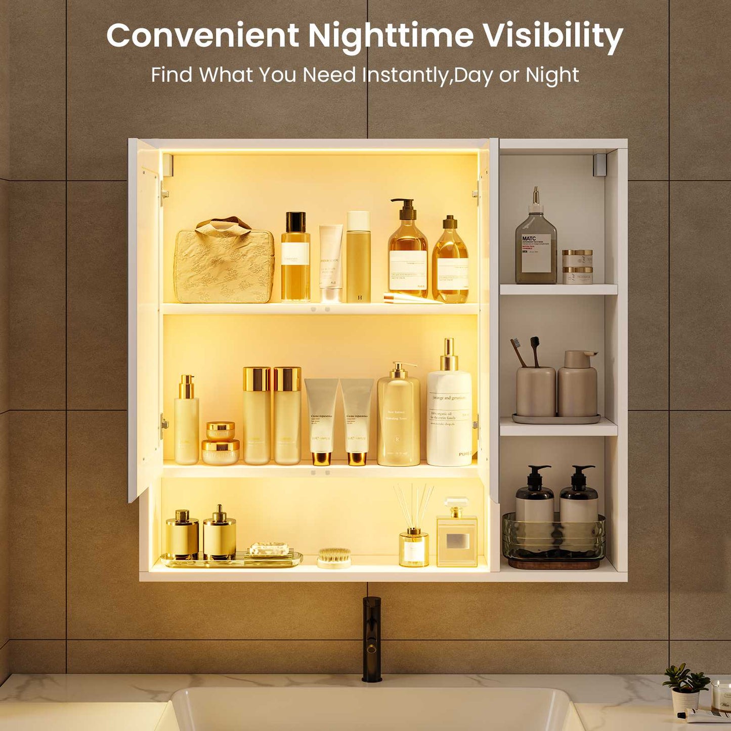Hasuit | Lighted Medicine Cabinet with Mirror and Open Storage Modern Bathroom Cabinet with Adjustable Shelves