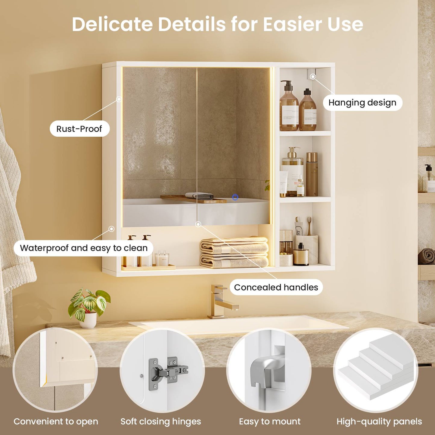 Hasuit | Lighted Medicine Cabinet with Mirror and Open Storage Modern Bathroom Cabinet with Adjustable Shelves