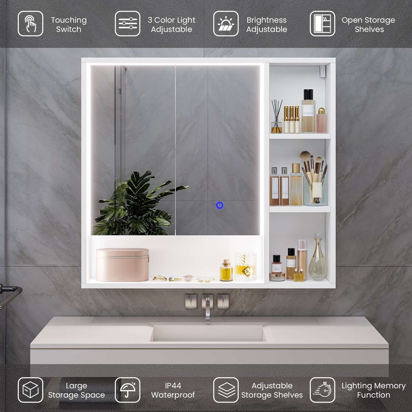 Hasuit | Lighted Medicine Cabinet with Mirror and Open Storage Modern Bathroom Cabinet with Adjustable Shelves